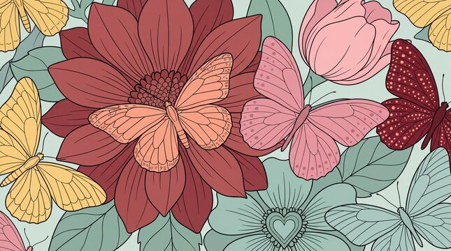 Morandi color scheme, hand-drawn illustrations of flowers and butterflies, gentle and fresh, floral and butterfly tile background wallpaper design material