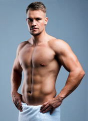 Obraz premium Serious, athlete and man with body in studio for fitness, strong muscle or transformation progress. Portrait, person or towel with muscular torso, bicep strength and sports results on gray background