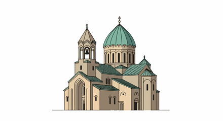 Fototapeta premium Stylized illustration of a large beige church with a prominent green dome