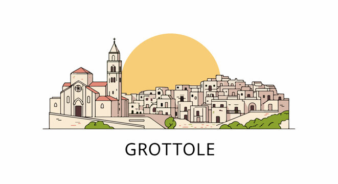 Stylized illustration of a historic village with a church and sun