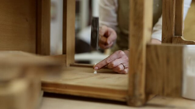 Female hand hammering a wooden dowel into a piece of furniture, carpentry close-up
