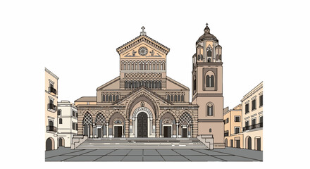 Fototapeta premium Stylized drawing of a cathedral and surrounding buildings in a European town square