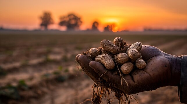 Close-animated movie of a farmer's dirt-covered hand holding freshly harvested peanuts against a warm sunset sky over a field