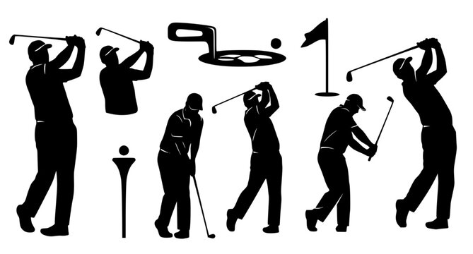Set of black silhouette icons depicting golfers in various swing poses, including golf clubs, a ball on a tee, and a flag on a putting green, isolated on white background.