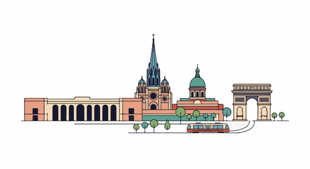 Obraz premium Stylized city skyline with iconic landmarks, church, and tram