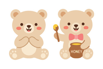 Obraz premium Cute Cream Teddy Bear Duo Sitting and Eating Honey Flat Vector