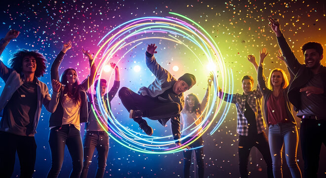 Energetic party crowd dancing with glowing neon light circles.