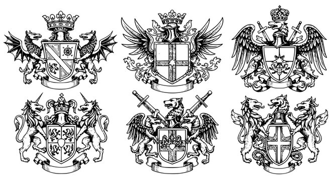 Set of six intricate heraldic crests featuring mythical creatures like dragons, griffins, and lions with shields, swords, and crowns in a classic vintage engraving style art.