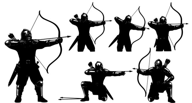 Set of black silhouettes of medieval archers in various combat poses, featuring warriors with bows and arrows, isolated on a white background for historical design.
