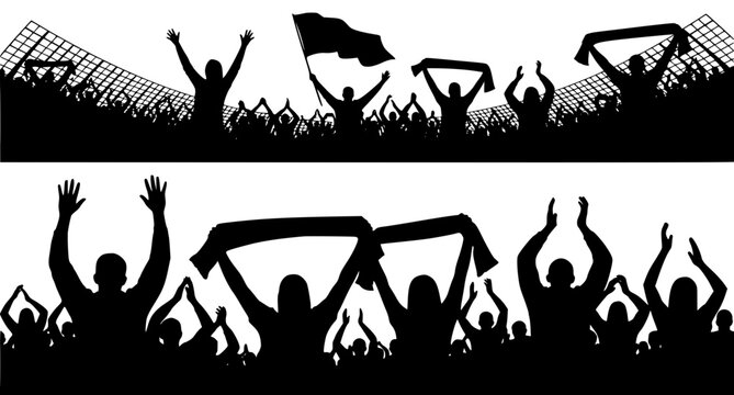 Crowd of excited sports fans cheering in a stadium, silhouette collection of people holding scarves and flags, celebrating a victory with hands raised in the air.