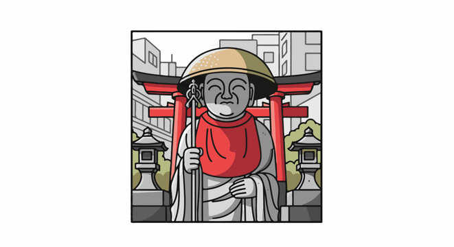 Stone statue with wide hat, red bib, staff, under torii gate