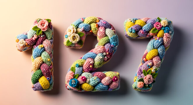 Knitted Numbers 127 with Flowers and Beads, Braided Yarn, Colorful Craft Decoration for Celebrations and Special Occasions