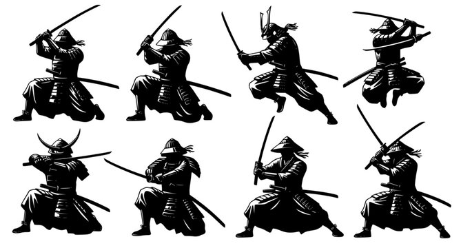 Set of samurai warrior silhouettes in various dynamic fighting poses with katana swords, depicting traditional Japanese martial arts culture in a high contrast black design.