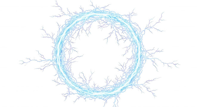 A glowing blue circular ring of electric lightning bolts and plasma energy discharges isolated on a solid black background