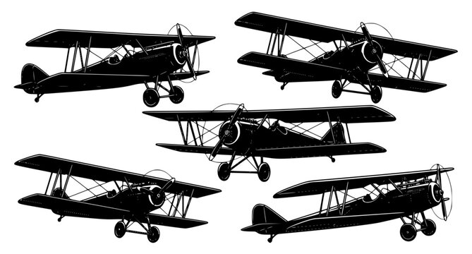 Collection of vintage biplane silhouettes in various flight angles and perspectives, showcasing classic aviation history and early twentieth century aircraft design style.