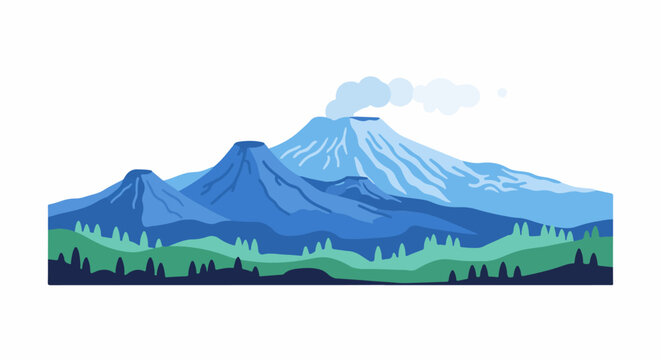 Stylized blue mountains with smoke billowing from the tallest peak