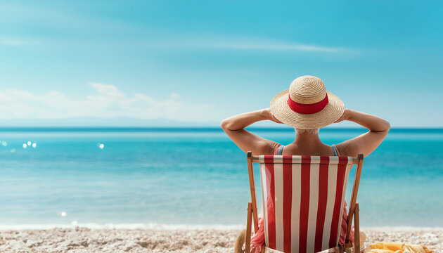 Happy vacation. Elderly woman in swimwear and hat sits in a sun lounger on the seashore in a beach chair looking at ocean view. Active lifestyle, travel, relax and freedom. Back view. 