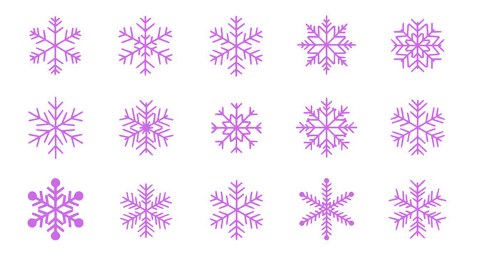 Set of simple purple snowflake icons for winter season projects, minimalist geometric shapes, vector illustration isolated on a white background for holiday designs.