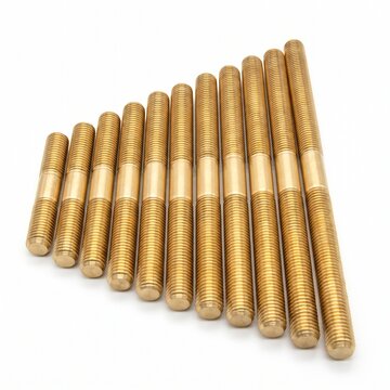 Set of Solid Brass Threaded Rod Studs Fan Arrangement Isolated on White