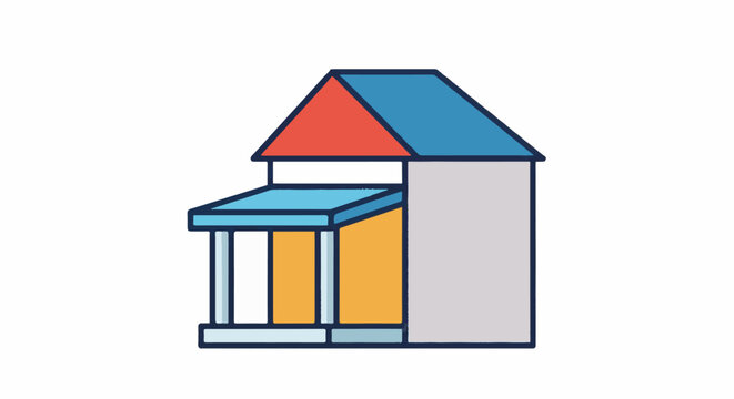 Stylized building with a red and blue roof, porch, and grey structure