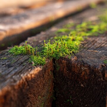 Tiny green moss and delicate sprouts growing on the cracked surface of aged wooden logs in soft natural sunlight with shallow depth of field effect