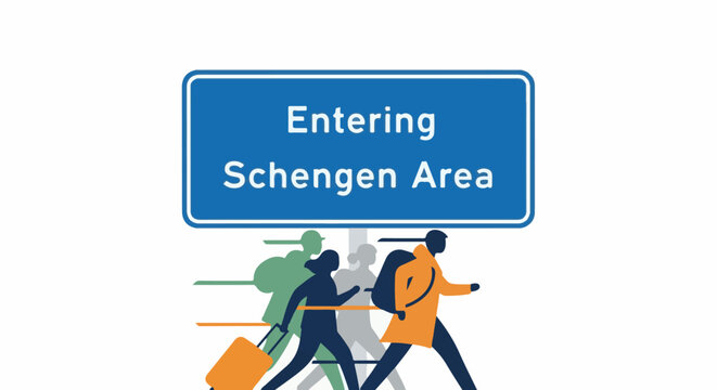Stylized figures with luggage walk past a sign indicating entry into the Schengen Area