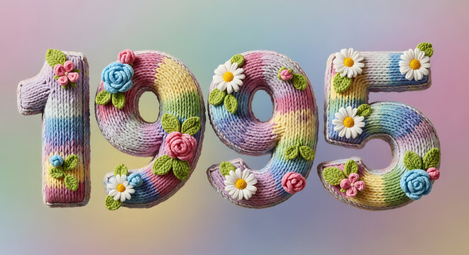 Colorful Knitted Number 1995 Decorated with Pastel Flowers and Green Leaves