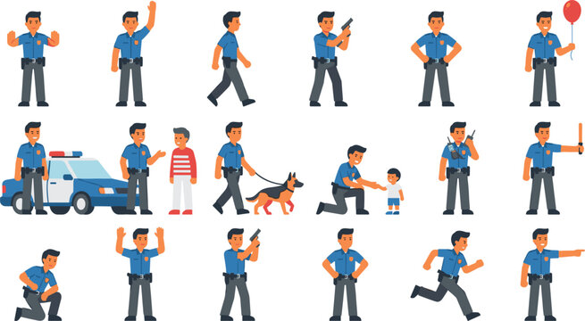 Professional Police Officer Character Mascot Set Featuring Various Poses Including Patrolling with K9 Dog, Using Walkie Talkie, Standing by Patrol Car, and Interacting with Children for Law Enforcemen