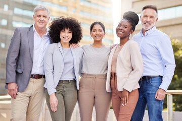 Obraz premium Portrait, business and people with smile outdoor for career pride, about us and architecture. Happy, team or architect with experience, positive attitude and staff solidarity for property development