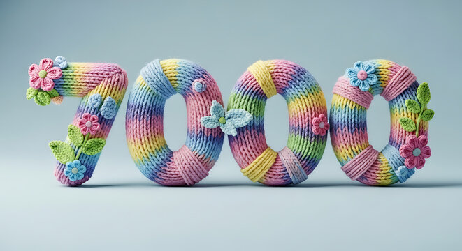 Vibrant Knitted Number 7000 with Flowers, Leaves, and Butterflies for Celebrations