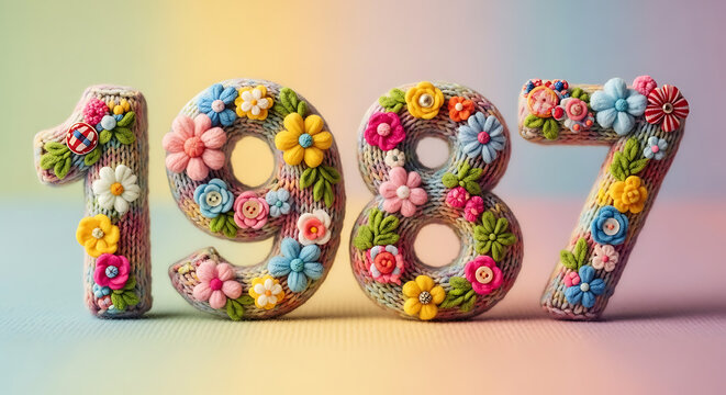 Crocheted numbers '1987' in vibrant knit patterns and floral decorations, celebrating a birth year
