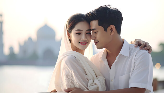Young couple in traditional attire embracing affectionately with a blurred architectural landmark in the background, representing love and togetherness.
