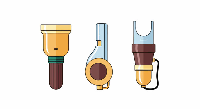 Stylized depiction of three distinct tools, a brush, a whistle, and a flashlight component