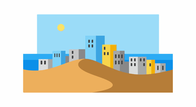 Stylized desert cityscape with sand dunes and buildings