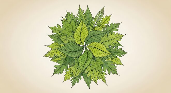 Artistic Green Leaves Arrangement Illustration.