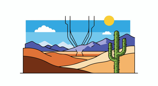 Stylized desert landscape with saguaro cactus, rolling hills, mountains, sun, and clouds