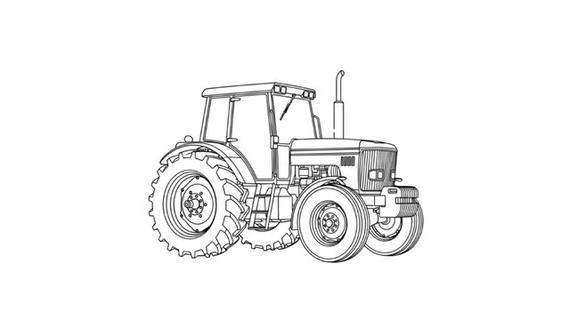 A 2D CAD illustration of a tractor on a field with wheels and engine