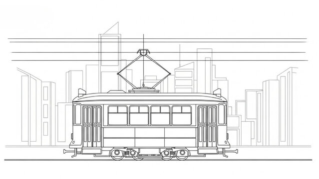 2D CAD drawing of a vintage tram in a modern cityscape with buildings.