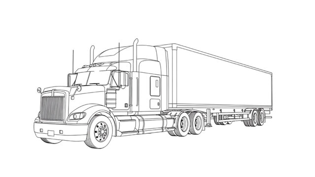 A 2D CAD illustration of a large truck with trailer on the road