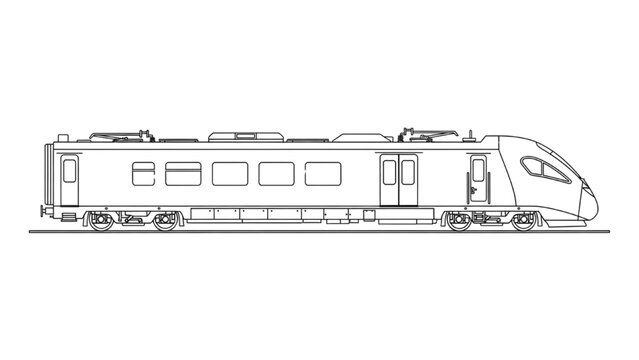 2D CAD drawing of a sleek train on tracks in a station
