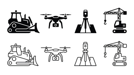Construction and surveying equipment icons set bulldozer, drone, total station, and tower crane vector illustration of heavy machinery and mapping tools for building and engineering industry © PixelAura_Studio