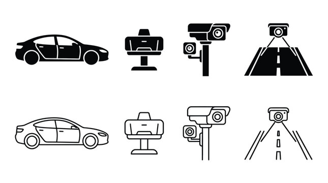 Set of traffic monitoring icons, including car, speed camera, and road surveillance, vector illustration