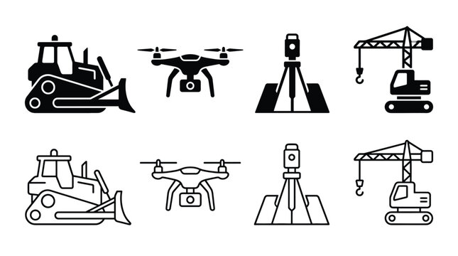Construction and surveying equipment icons set bulldozer, drone, total station, and tower crane vector illustration of heavy machinery and mapping tools for building and engineering industry