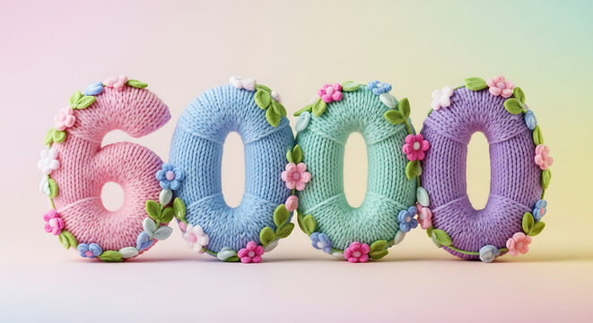 Whimsical knitted numbers 6000 with floral decorations and soft pastel colors, perfect for events and celebrations