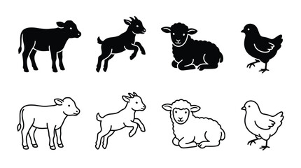 Fototapeta premium Set of farm animals icons, including calf, goat, sheep and chicken, vector illustration