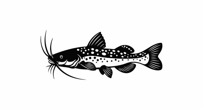 Stylized black and white illustration of a spotted catfish with prominent barbels