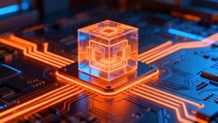 Fototapeta premium Circuit board with glowing cube