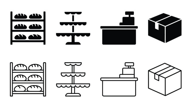 Set of bakery and retail icons, including bread shelves, display stands, cash registers, and shipping boxes, in both solid and outline styles