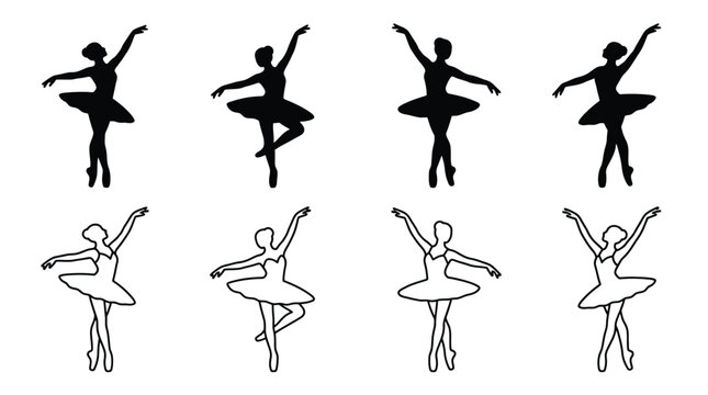 Set of ballet dancers silhouettes, graceful ballerinas in different poses, vector illustration