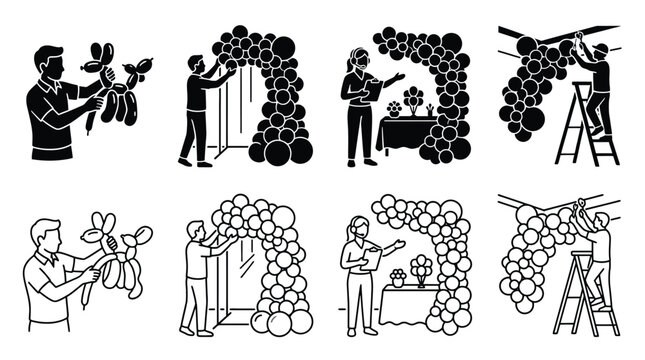 Set of balloon decoration icons, including balloon artist, arch installation, event coordinator, and ceiling decor installation, vector illustration